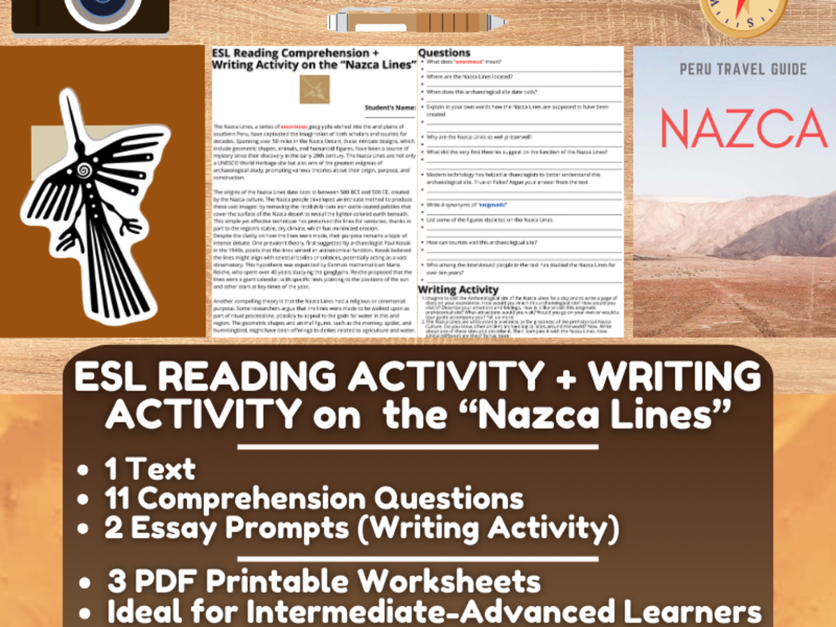 An educational teaching resource from Learning with Alan entitled ESL Reading Comprehension + Essay Worksheets - the Nazca Lines downloadable at Teach Simple.