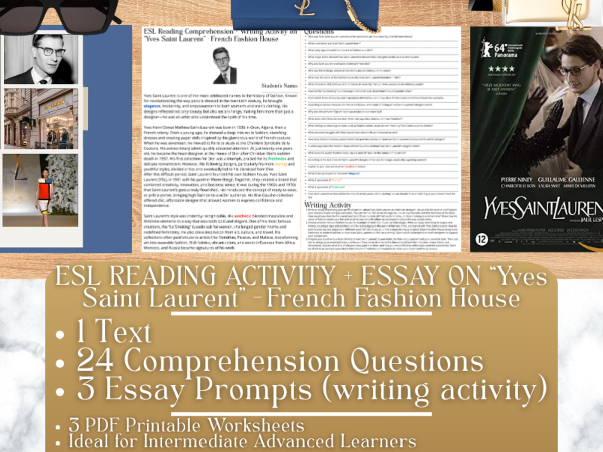 An educational teaching resource from Learning with Alan entitled ESL Reading Comprehension + Essay - Yves Saint Laurent - Fashion downloadable at Teach Simple.