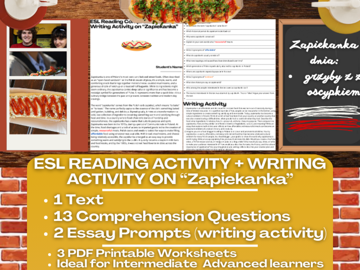 An educational teaching resource from Learning with Alan entitled ESL Reading Comprehension + Essay - Zapiekanka - Polish Street Food downloadable at Teach Simple.