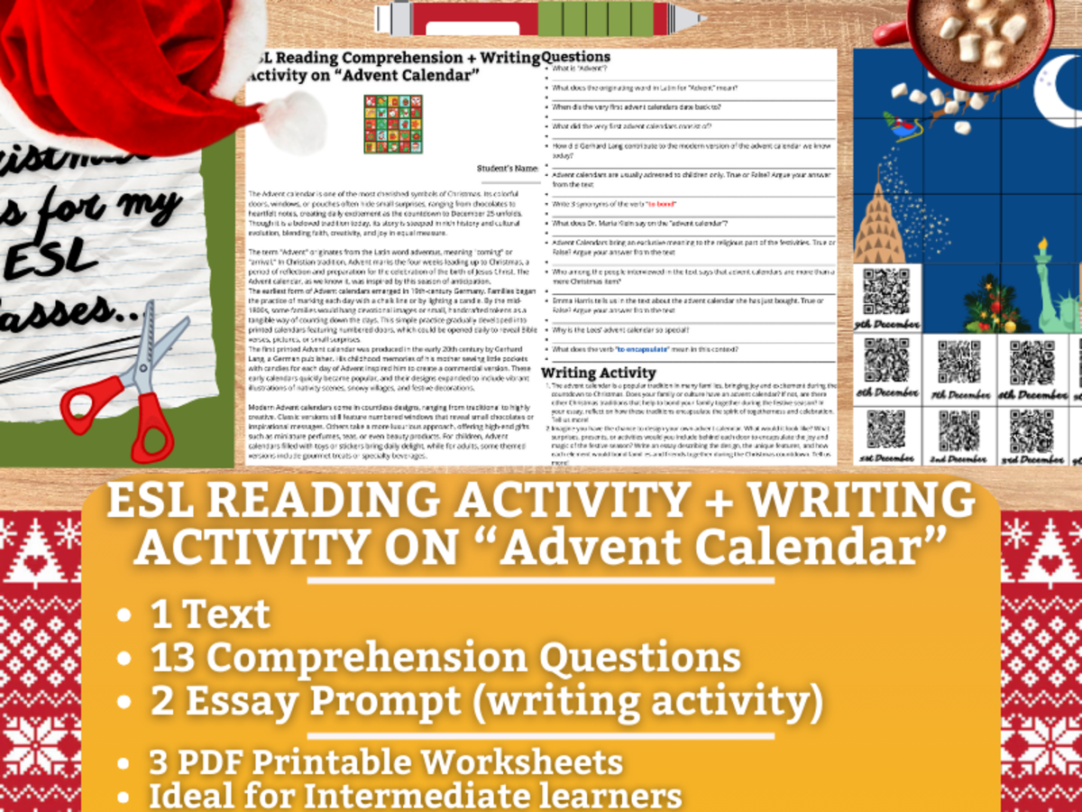 An educational teaching resource from Learning with Alan entitled ESL Reading Comprehension + Writing Activity - Advent Calendar downloadable at Teach Simple.