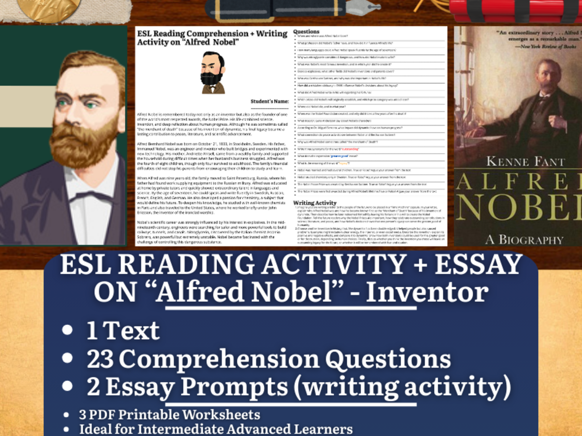 An educational teaching resource from Learning with Alan entitled ESL Reading Comprehension + Writing Activity - Alfred Nobel downloadable at Teach Simple.