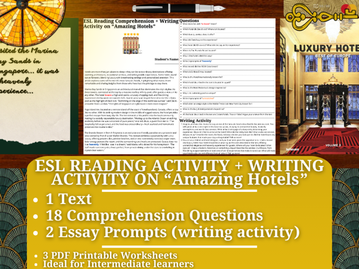 An educational teaching resource from Learning with Alan entitled ESL Reading Comprehension + Writing Activity - Amazing Hotels downloadable at Teach Simple.