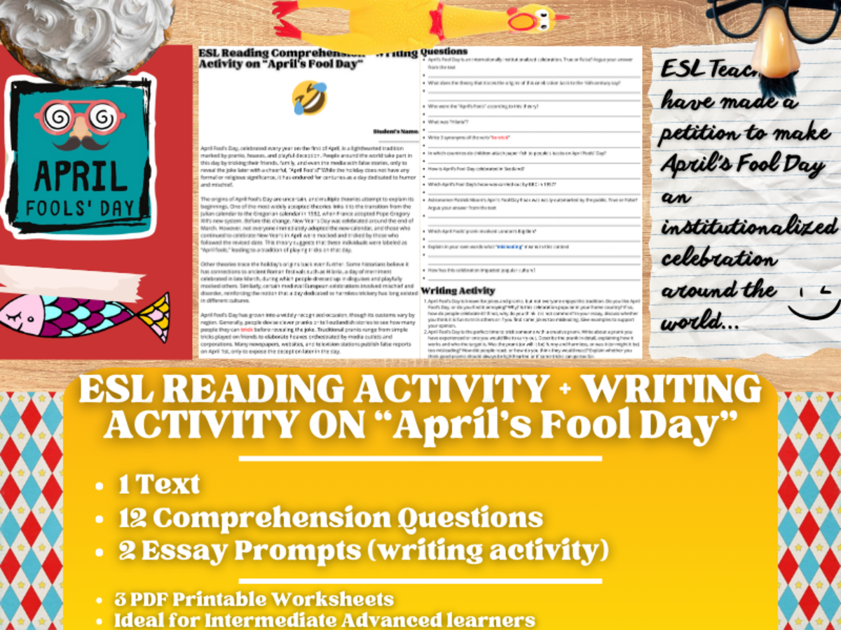 An educational teaching resource from Learning with Alan entitled ESL Reading Comprehension + Writing Activity - April's Fool Day downloadable at Teach Simple.