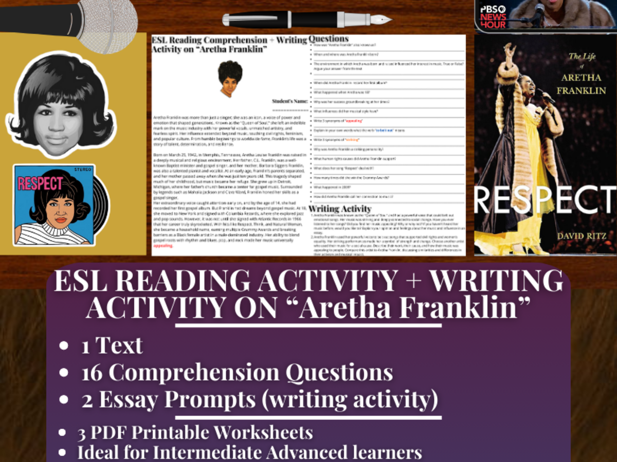 An educational teaching resource from Learning with Alan entitled ESL Reading Comprehension + Writing Activity - Aretha Franklin downloadable at Teach Simple.