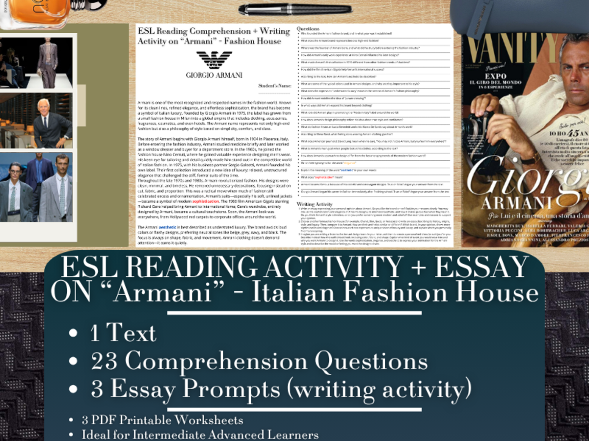 An educational teaching resource from Learning with Alan entitled ESL Reading Comprehension + Writing Activity - Armani - Fashion House downloadable at Teach Simple.