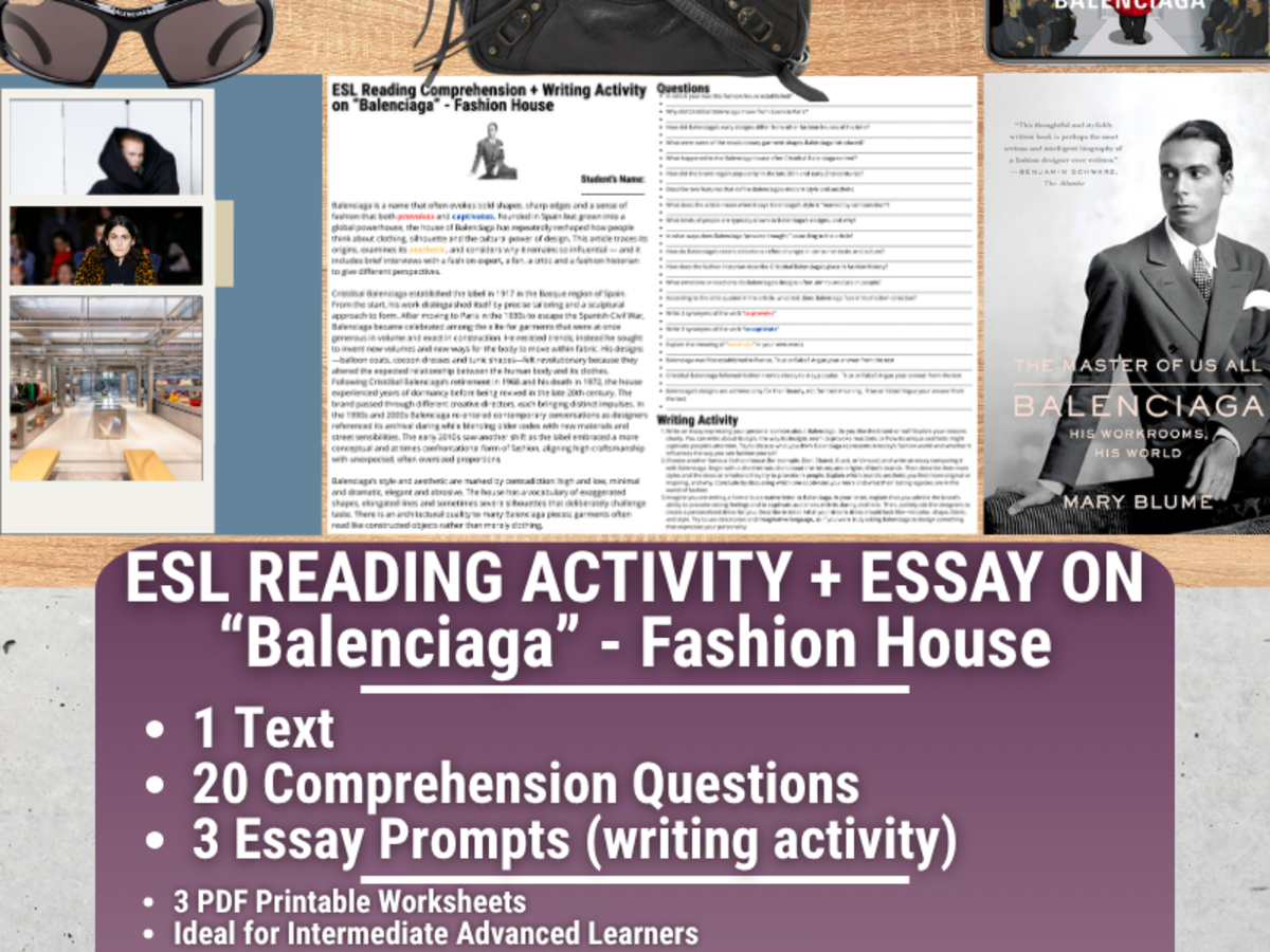An educational teaching resource from Learning with Alan entitled ESL Reading Comprehension + Writing Activity - Balenciaga - Fashion downloadable at Teach Simple.
