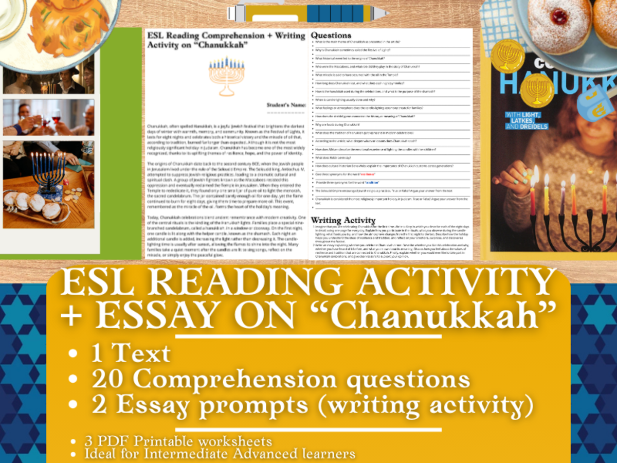 An educational teaching resource from Learning with Alan entitled ESL Reading Comprehension + Writing Activity - Chanukkah downloadable at Teach Simple.