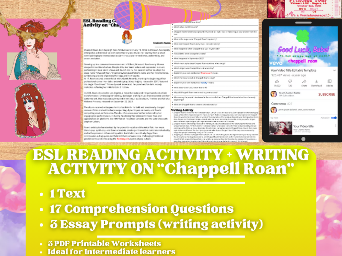 An educational teaching resource from Learning with Alan entitled ESL Reading Comprehension + Writing Activity - Chappell Roan downloadable at Teach Simple.
