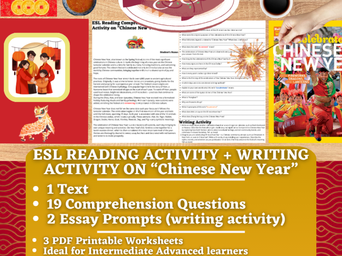 An educational teaching resource from Learning with Alan entitled ESL Reading Comprehension + Writing Activity - Chinese New Year downloadable at Teach Simple.