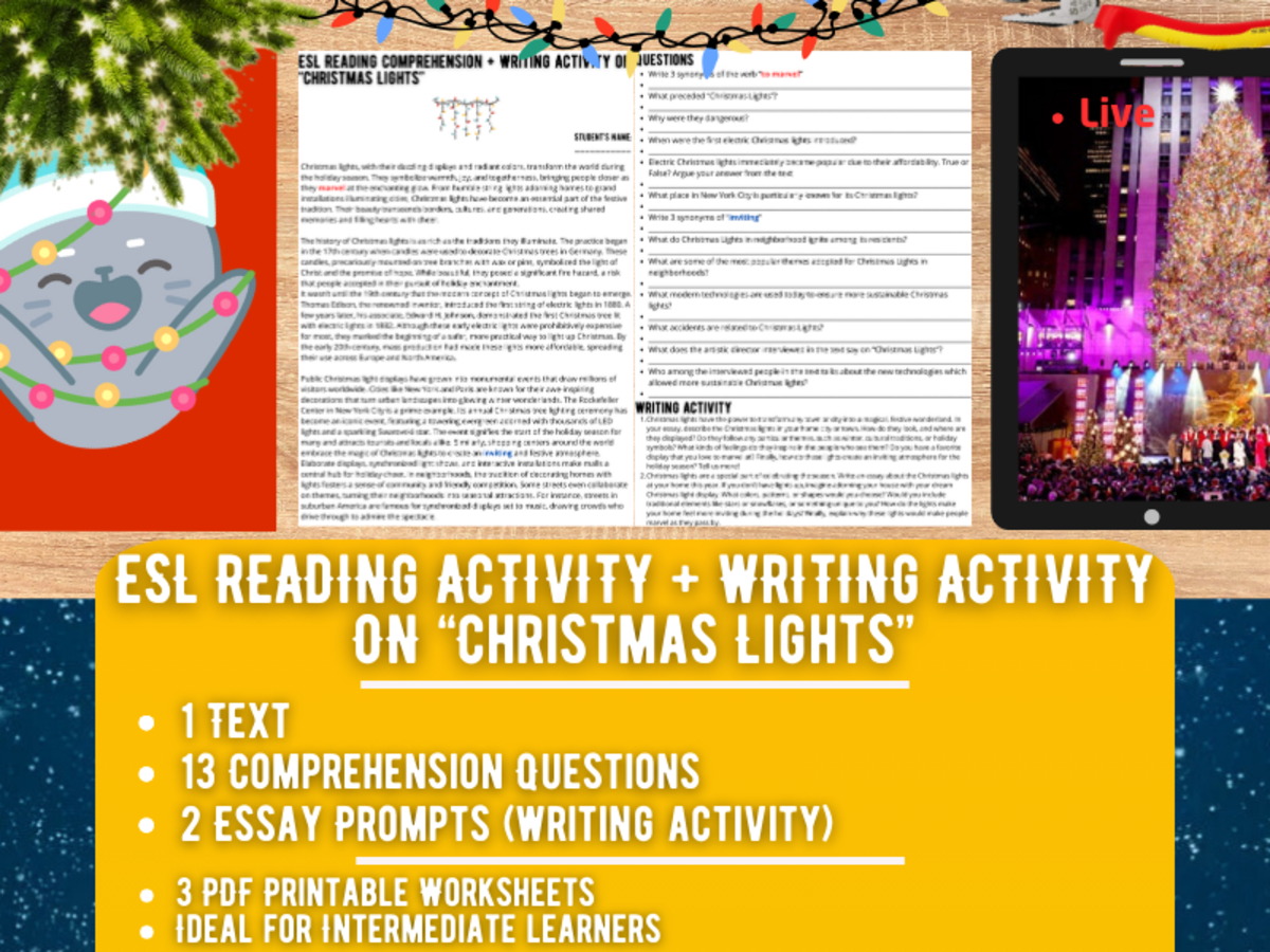 An educational teaching resource from Learning with Alan entitled ESL Reading Comprehension + Writing Activity - Christmas Lights downloadable at Teach Simple.