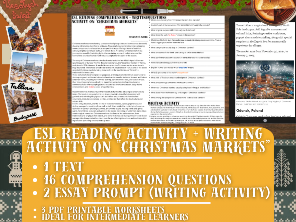 An educational teaching resource from Learning with Alan entitled ESL Reading Comprehension + Writing Activity - Christmas Markets downloadable at Teach Simple.
