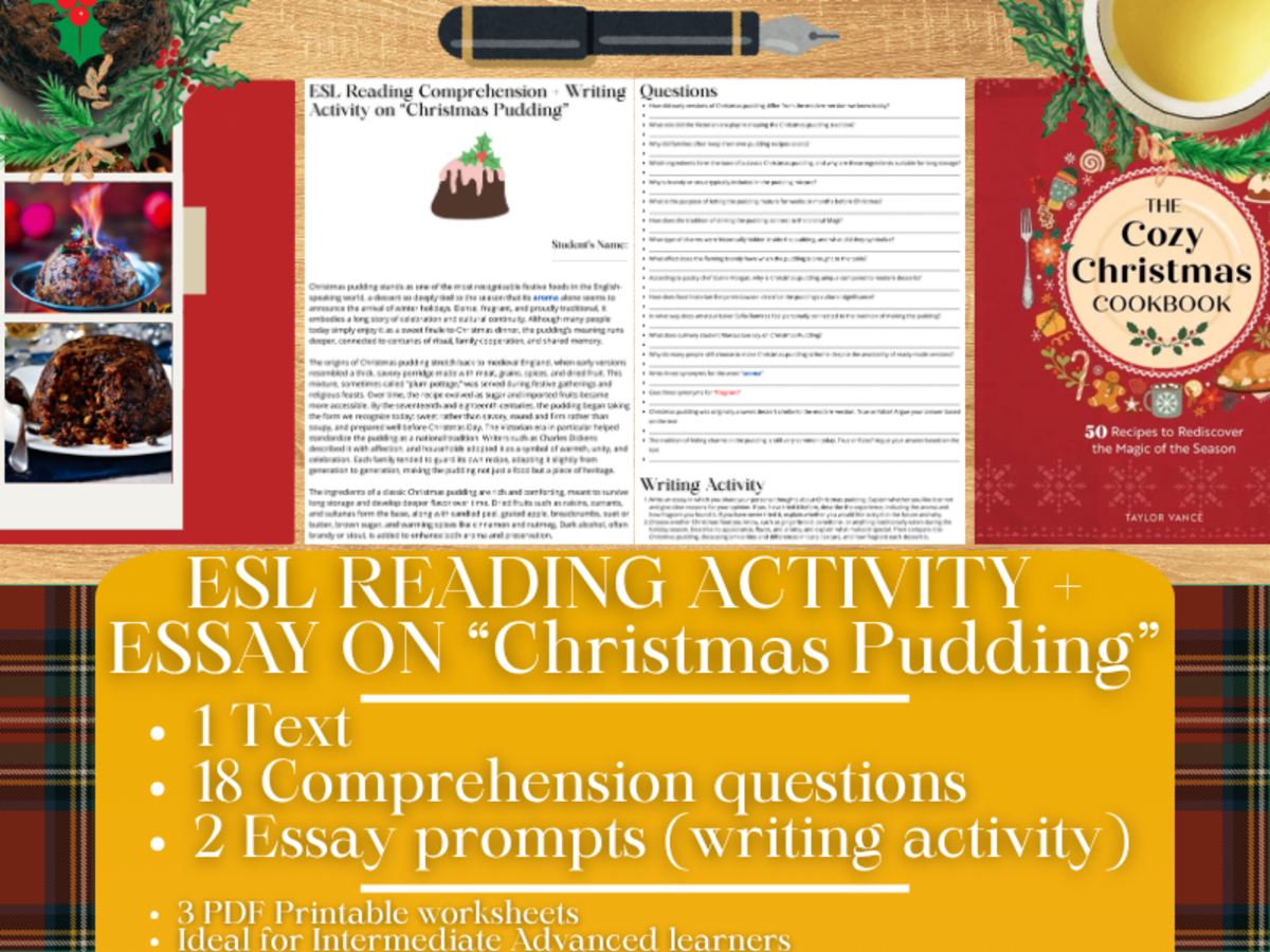 An educational teaching resource from Learning with Alan entitled ESL Reading Comprehension + Writing Activity - Christmas Pudding downloadable at Teach Simple.
