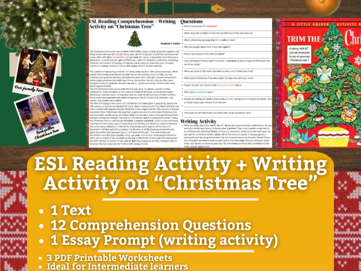 An educational teaching resource from Learning with Alan entitled ESL Reading Comprehension + Writing Activity - Christmas Tree downloadable at Teach Simple.