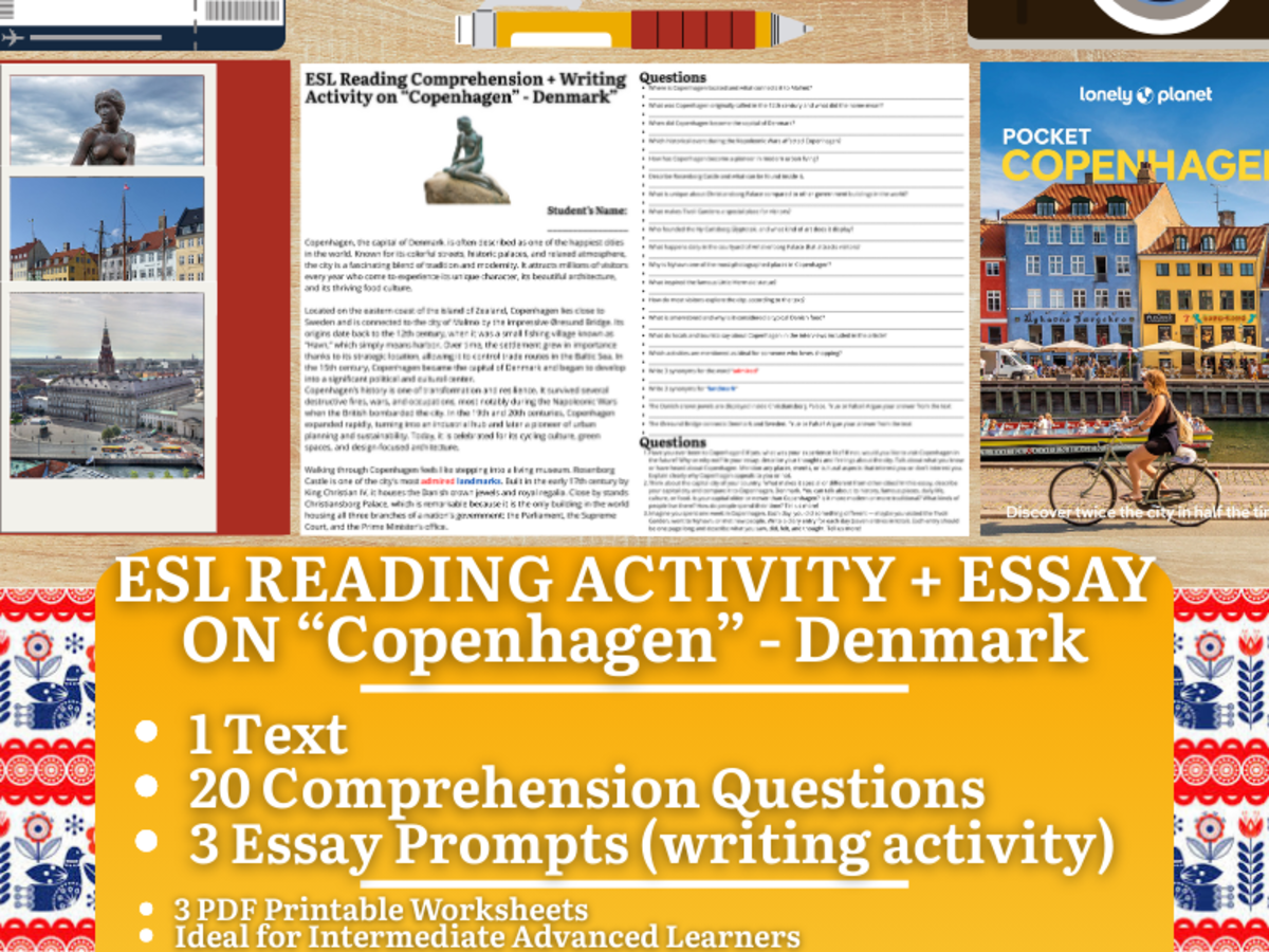 An educational teaching resource from Learning with Alan entitled ESL Reading Comprehension + Writing Activity - Copenhagen - Denmark downloadable at Teach Simple.