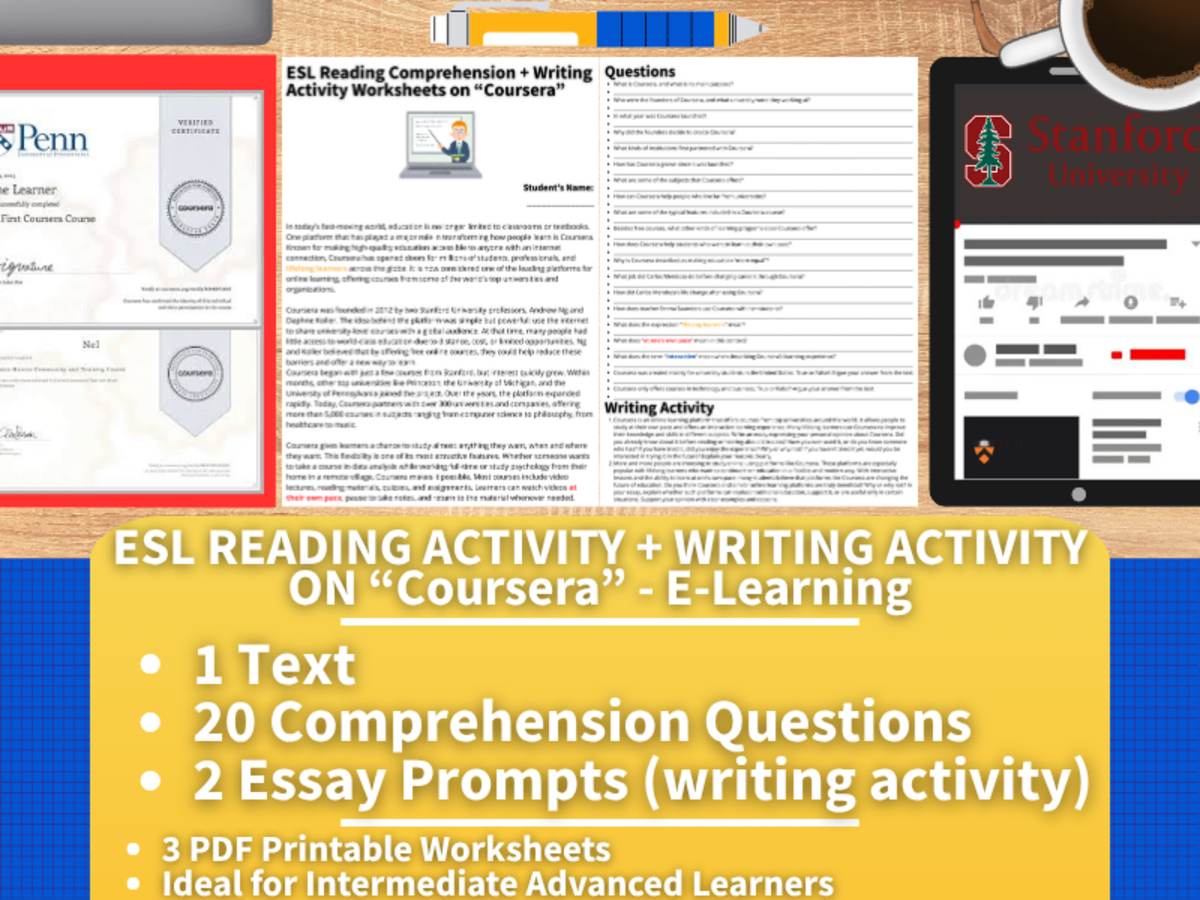An educational teaching resource from Learning with Alan entitled ESL Reading Comprehension + Writing Activity - Coursera - E-Learning downloadable at Teach Simple.