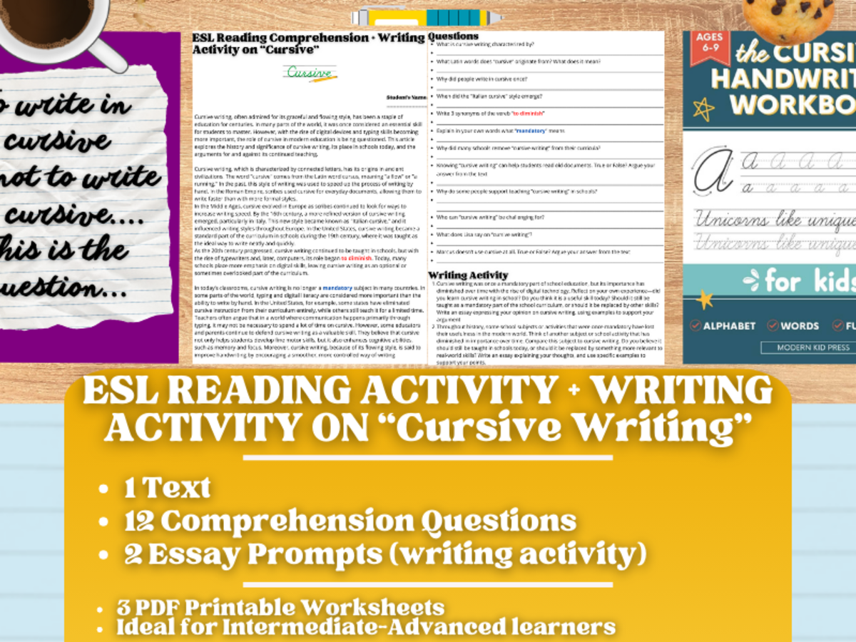 An educational teaching resource from Learning with Alan entitled ESL Reading Comprehension + Writing Activity - Cursive Writing downloadable at Teach Simple.