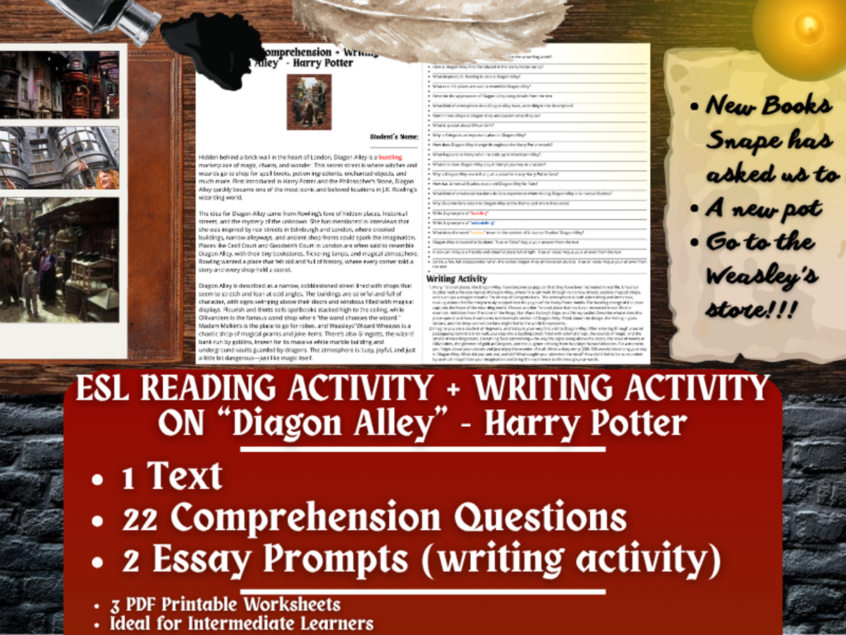 An educational teaching resource from Learning with Alan entitled ESL Reading Comprehension + Writing Activity - Diagon Alley downloadable at Teach Simple.