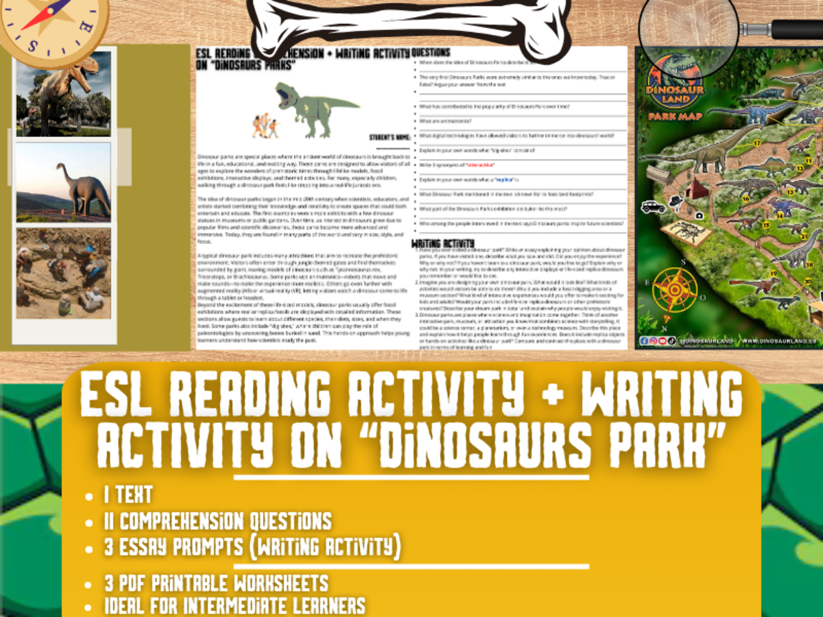 An educational teaching resource from Learning with Alan entitled ESL Reading Comprehension + Writing Activity - Dinosaurs Park downloadable at Teach Simple.