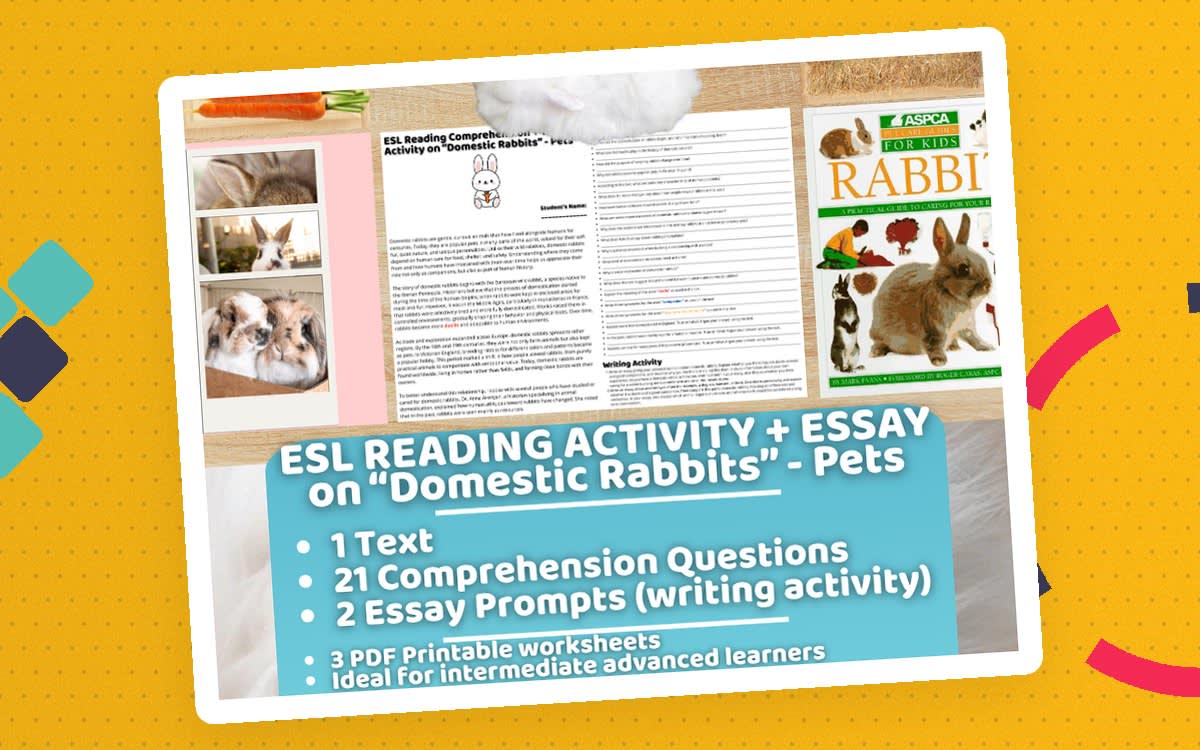 An educational teaching resource from Learning with Alan entitled ESL Reading Comprehension + Writing Activity - Domestic Rabbit downloadable at Teach Simple.