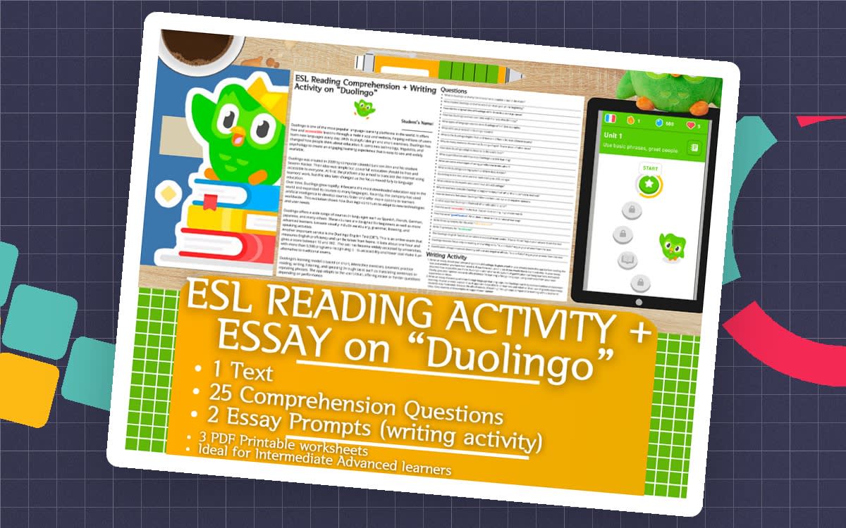An educational teaching resource from Learning with Alan entitled ESL Reading Comprehension + Writing Activity - Duolingo - App downloadable at Teach Simple.