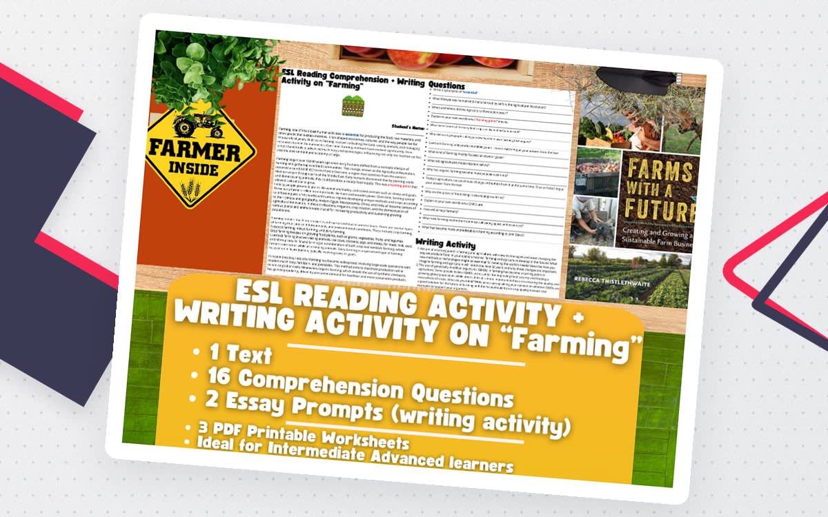 Farming ESL reading and writing activity cover with a passage, question pages, farm photographs, and a tractor graphic.