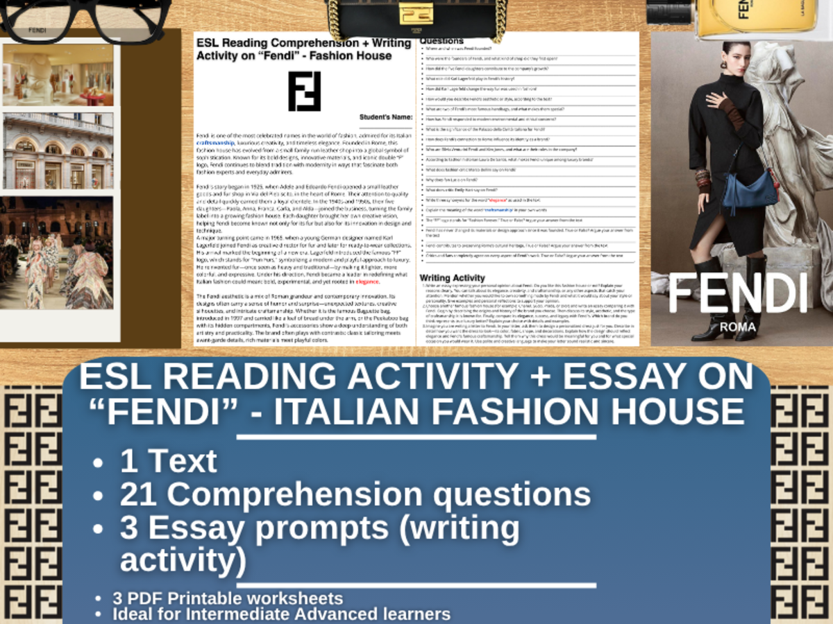 An educational teaching resource from Learning with Alan entitled ESL Reading Comprehension + Writing Activity - Fendi - Fashion House downloadable at Teach Simple.