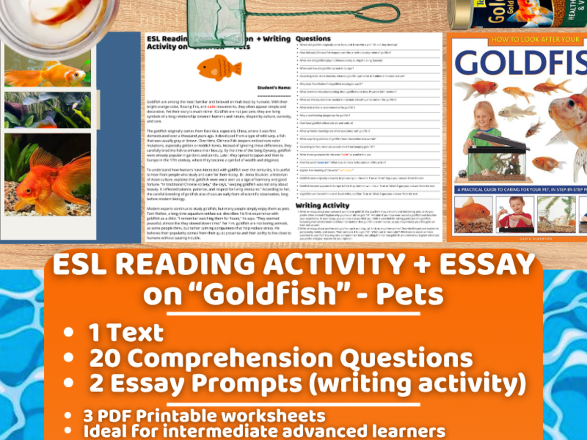 An educational teaching resource from Learning with Alan entitled ESL Reading Comprehension + Writing Activity - Goldfish - Pets downloadable at Teach Simple.