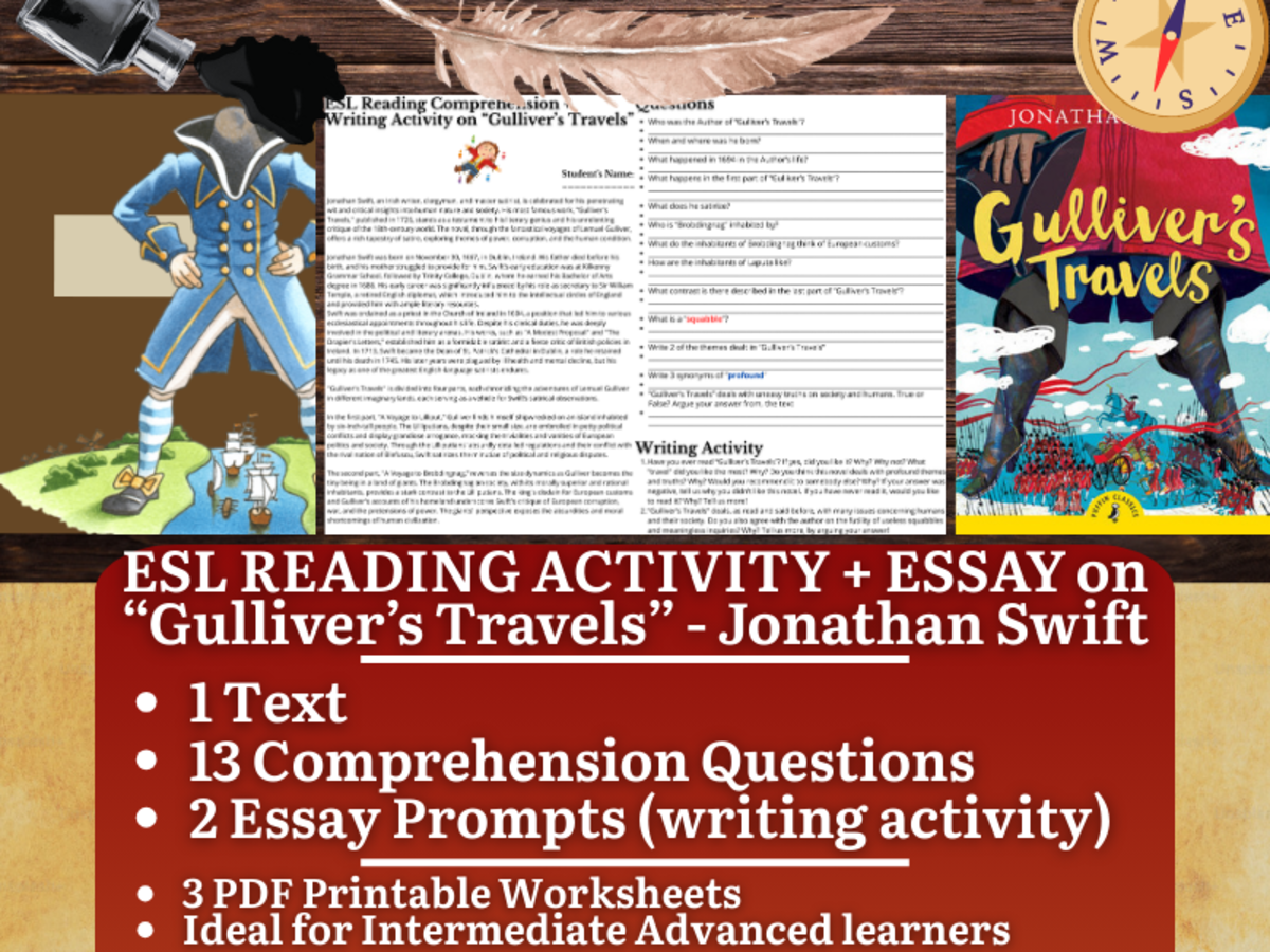 An educational teaching resource from Learning with Alan entitled ESL Reading Comprehension + Writing Activity - "Gulliver's Travels" downloadable at Teach Simple.