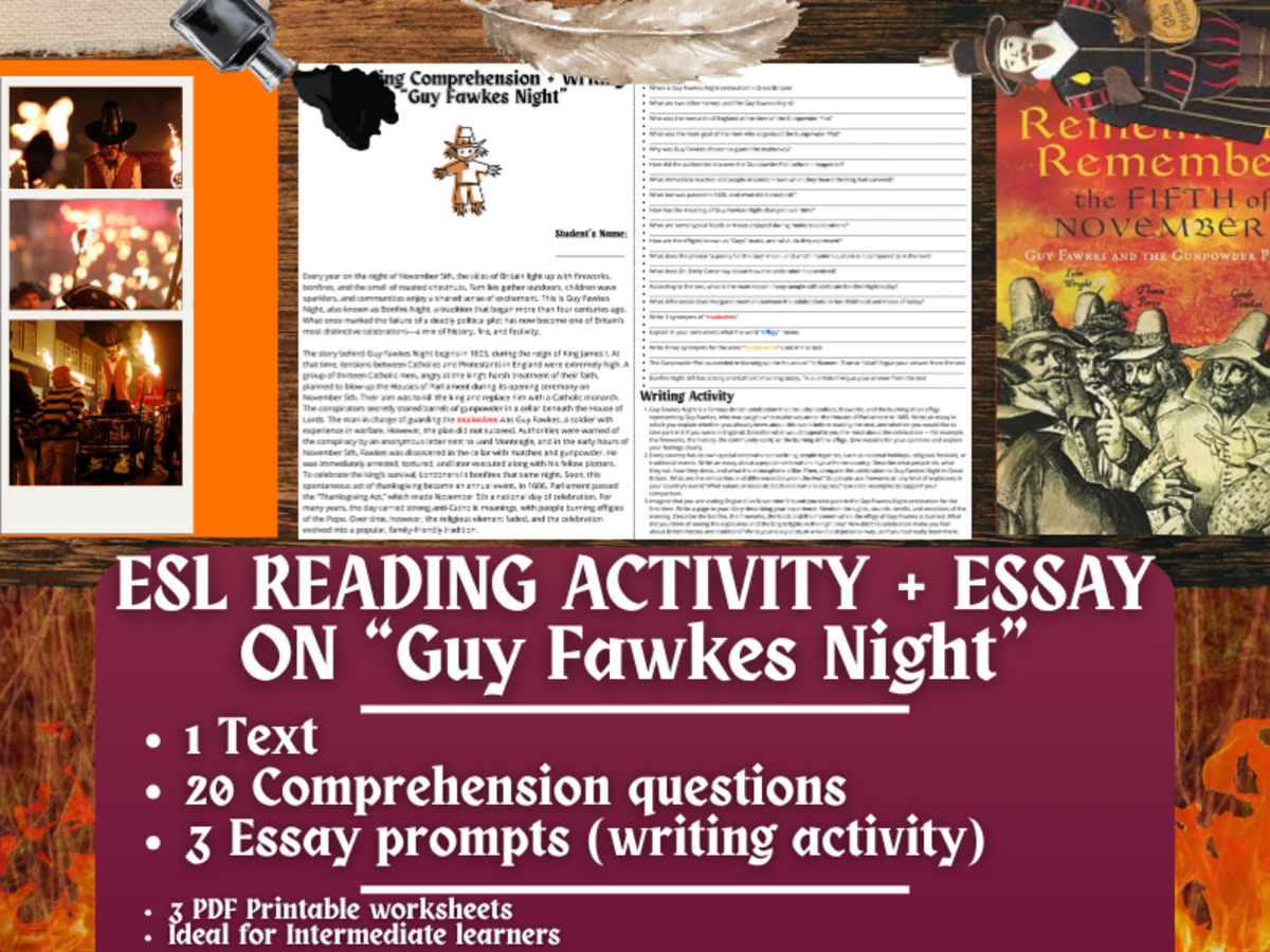 An educational teaching resource from Learning with Alan entitled ESL Reading Comprehension + Writing Activity - Guy Fawkes Night downloadable at Teach Simple.