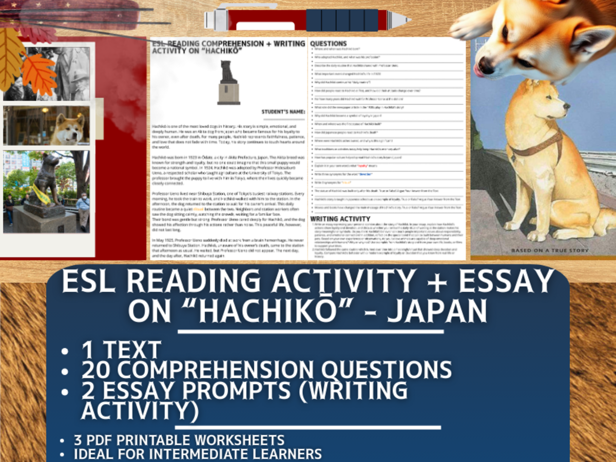 An educational teaching resource from Learning with Alan entitled ESL Reading Comprehension + Writing Activity - Hachikō - Japan downloadable at Teach Simple.