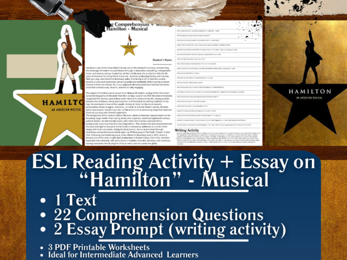 An educational teaching resource from Learning with Alan entitled ESL Reading Comprehension + Writing Activity - Hamilton - Musical downloadable at Teach Simple.