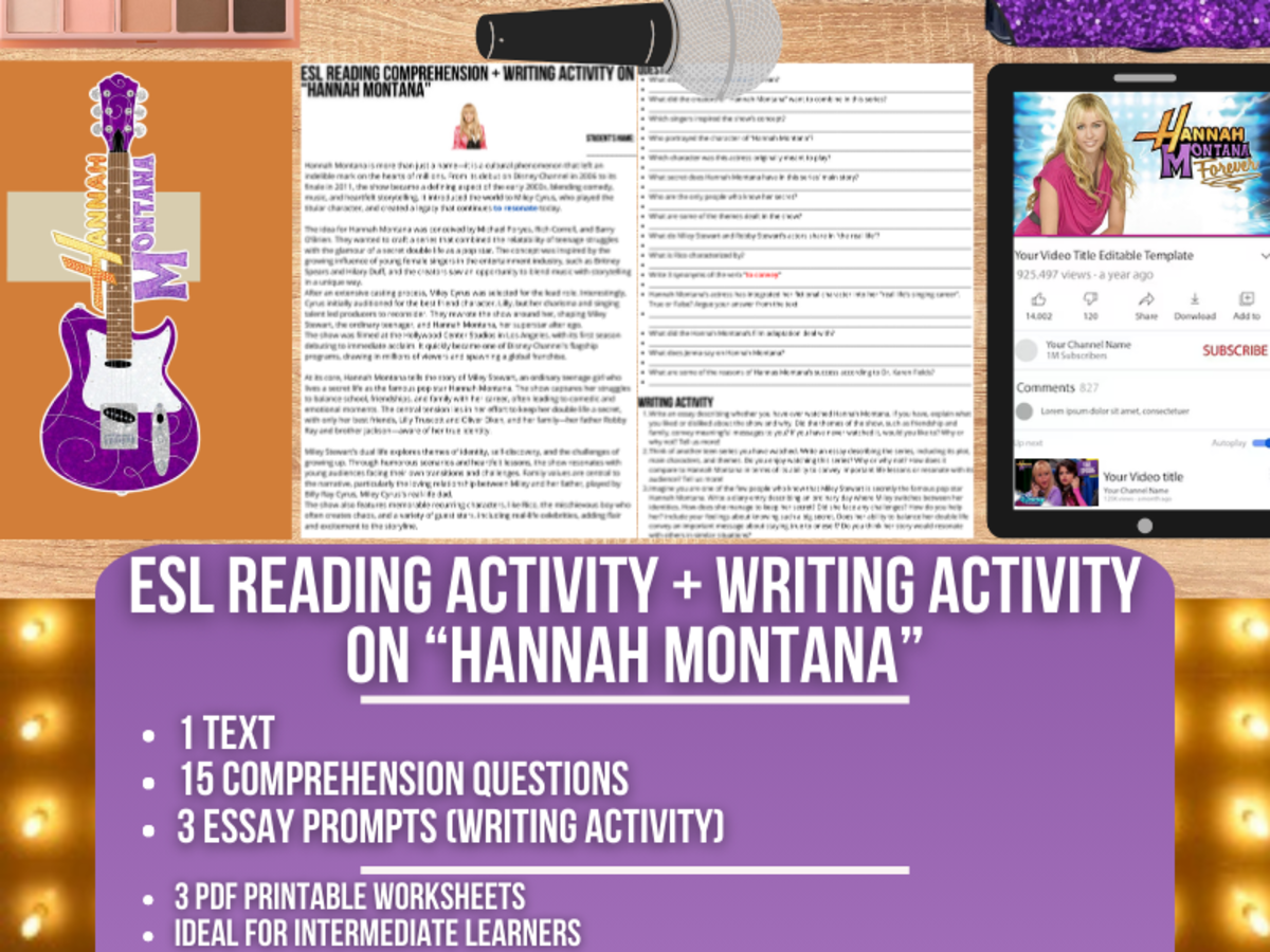 An educational teaching resource from Learning with Alan entitled ESL Reading Comprehension + Writing Activity - Hannah Montana downloadable at Teach Simple.