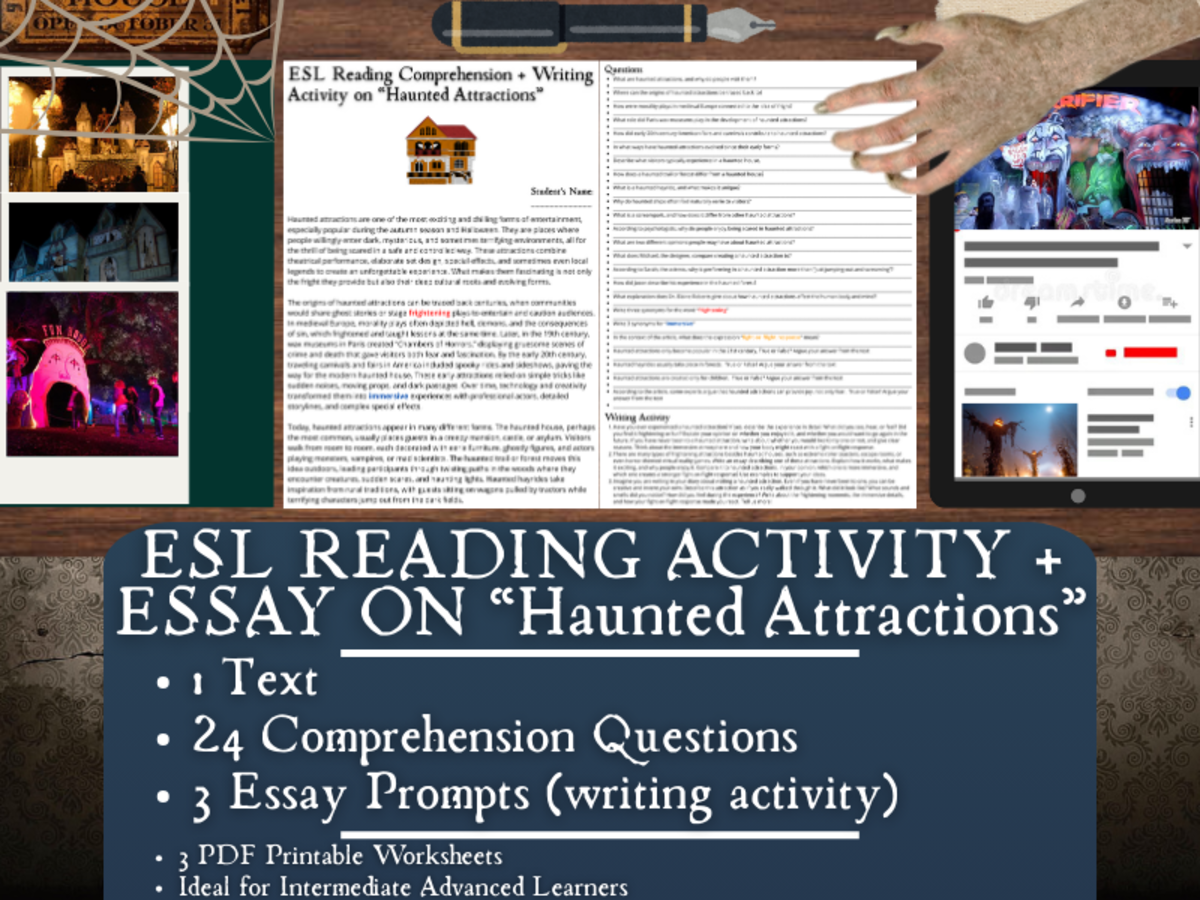 An educational teaching resource from Learning with Alan entitled ESL Reading Comprehension + Writing Activity - Haunted Attractions downloadable at Teach Simple.