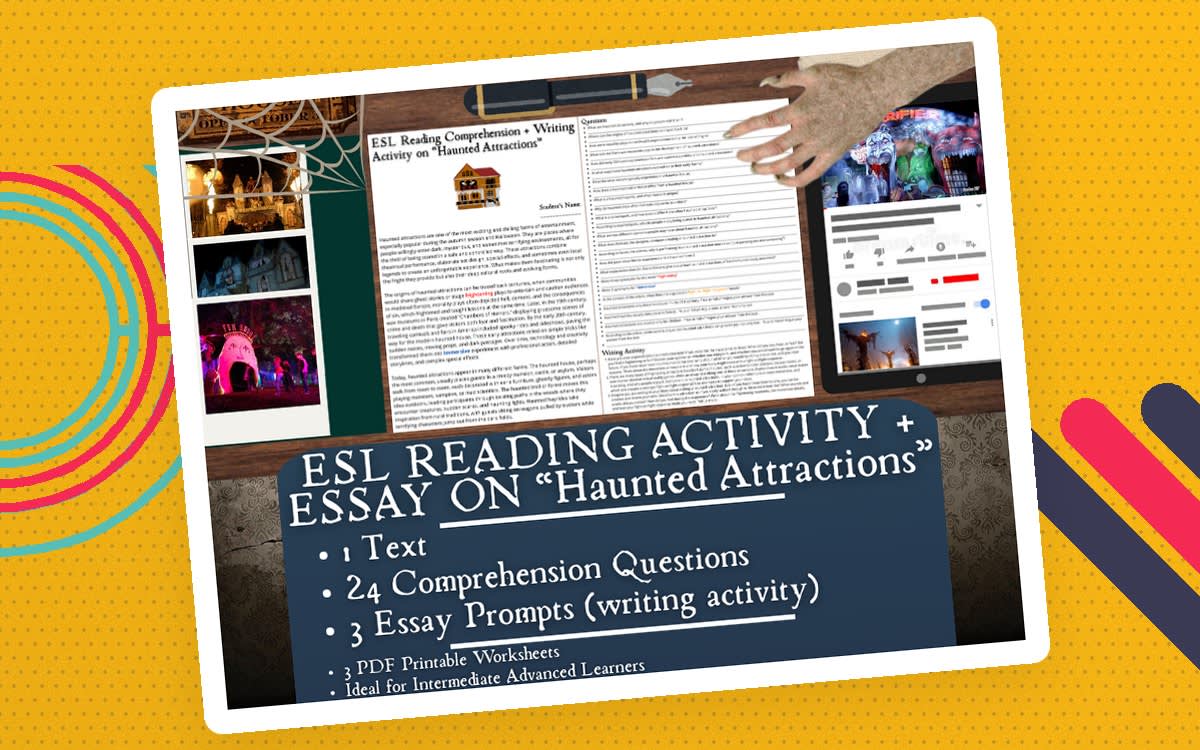 An educational teaching resource from Learning with Alan entitled ESL Reading Comprehension + Writing Activity - Haunted Attractions downloadable at Teach Simple.