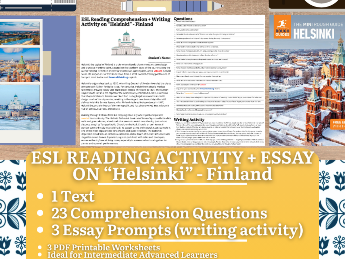An educational teaching resource from Learning with Alan entitled ESL Reading Comprehension + Writing Activity - Helsinki - Finland downloadable at Teach Simple.