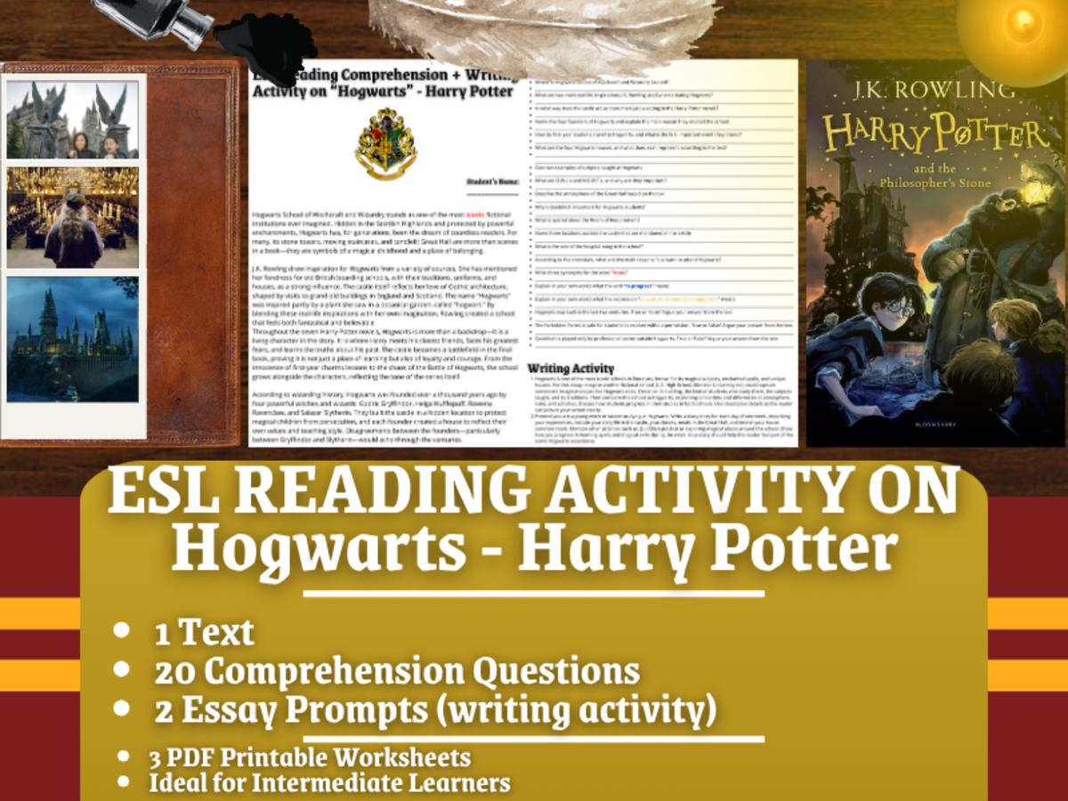 An educational teaching resource from Learning with Alan entitled ESL Reading Comprehension + Writing Activity - Hogwarts - Harry Potter downloadable at Teach Simple.