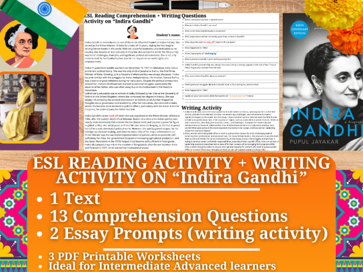 An educational teaching resource from Learning with Alan entitled ESL Reading Comprehension + Writing Activity - Indira Gandhi downloadable at Teach Simple.