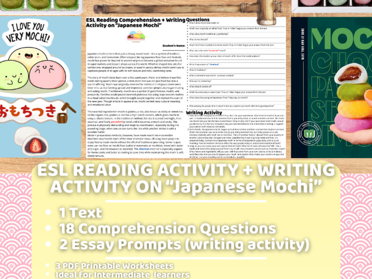 An educational teaching resource from Learning with Alan entitled ESL Reading Comprehension + Writing Activity - Japanese Mochi downloadable at Teach Simple.