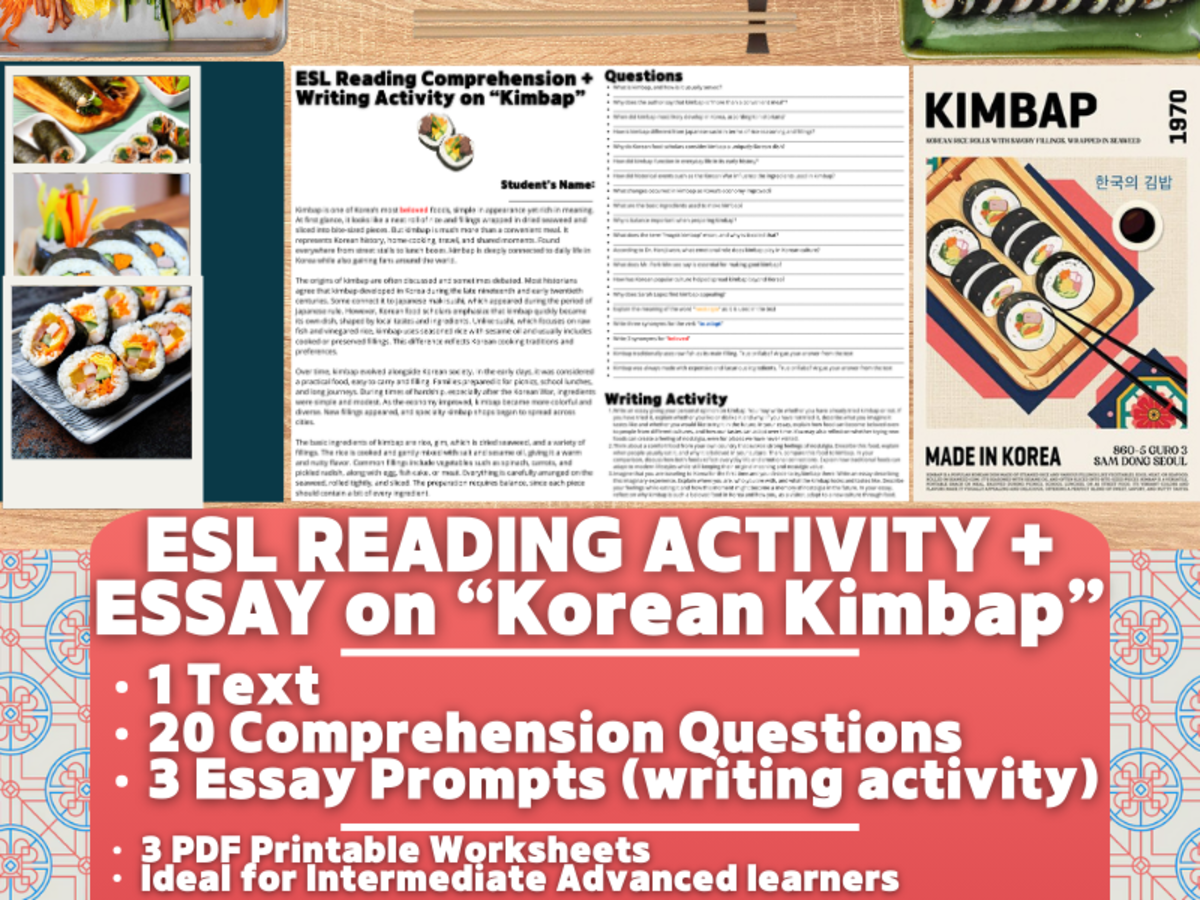 An educational teaching resource from Learning with Alan entitled ESL Reading Comprehension + Writing Activity - Kimbap - South Korea downloadable at Teach Simple.