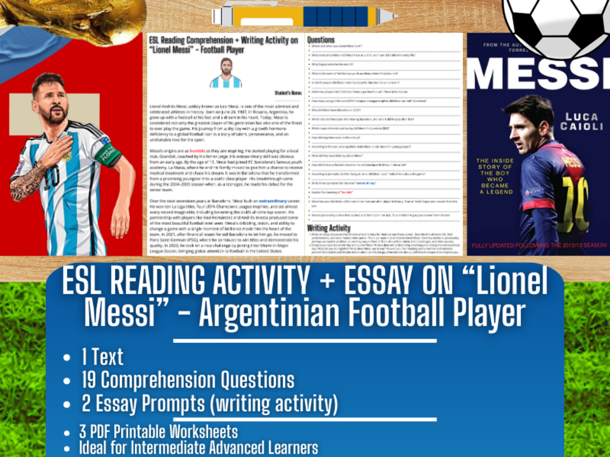 An educational teaching resource from Learning with Alan entitled ESL Reading Comprehension + Writing Activity - Lionel Messi - Football downloadable at Teach Simple.