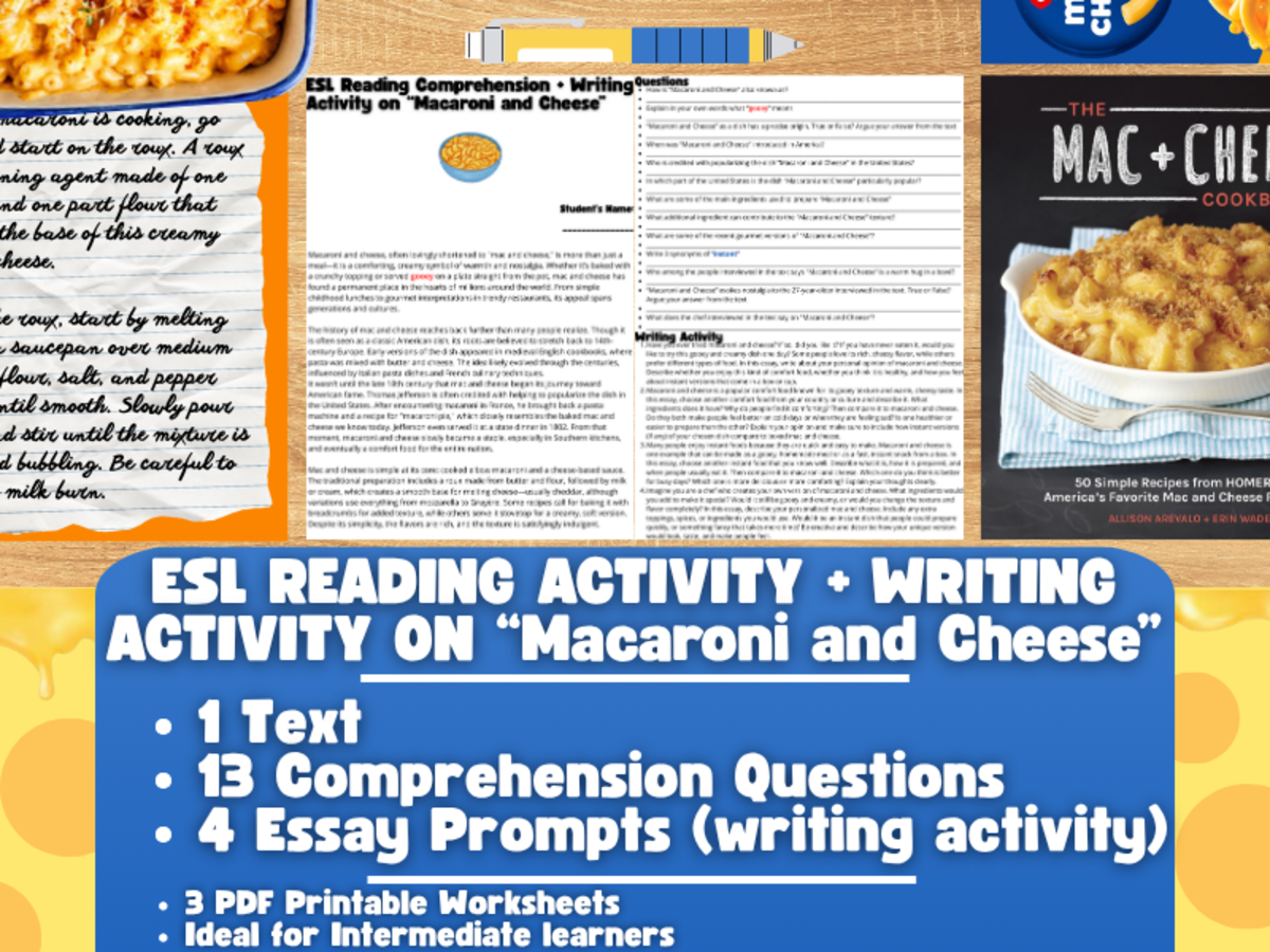 An educational teaching resource from Learning with Alan entitled ESL Reading Comprehension + Writing Activity - Macaroni and Cheese downloadable at Teach Simple.