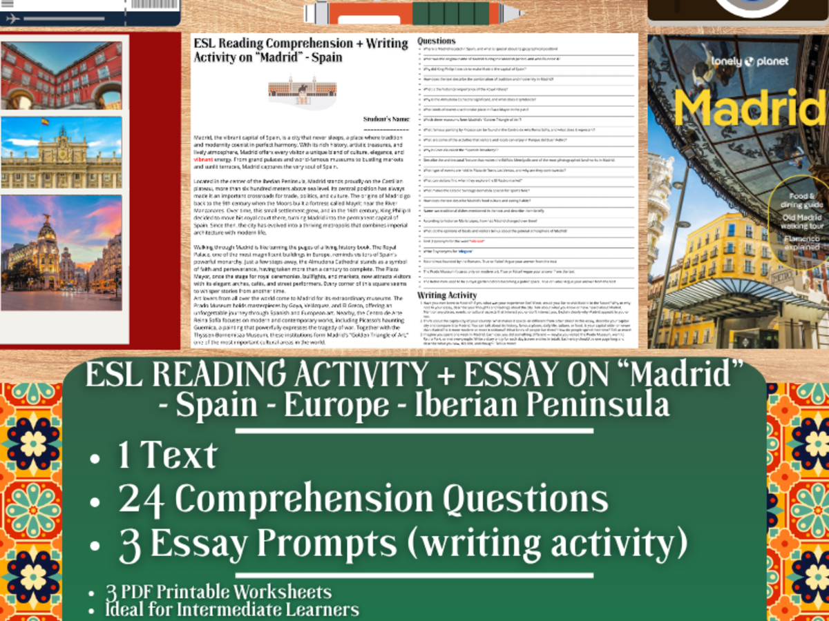 An educational teaching resource from Learning with Alan entitled ESL Reading Comprehension + Writing Activity - Madrid - Spain downloadable at Teach Simple.