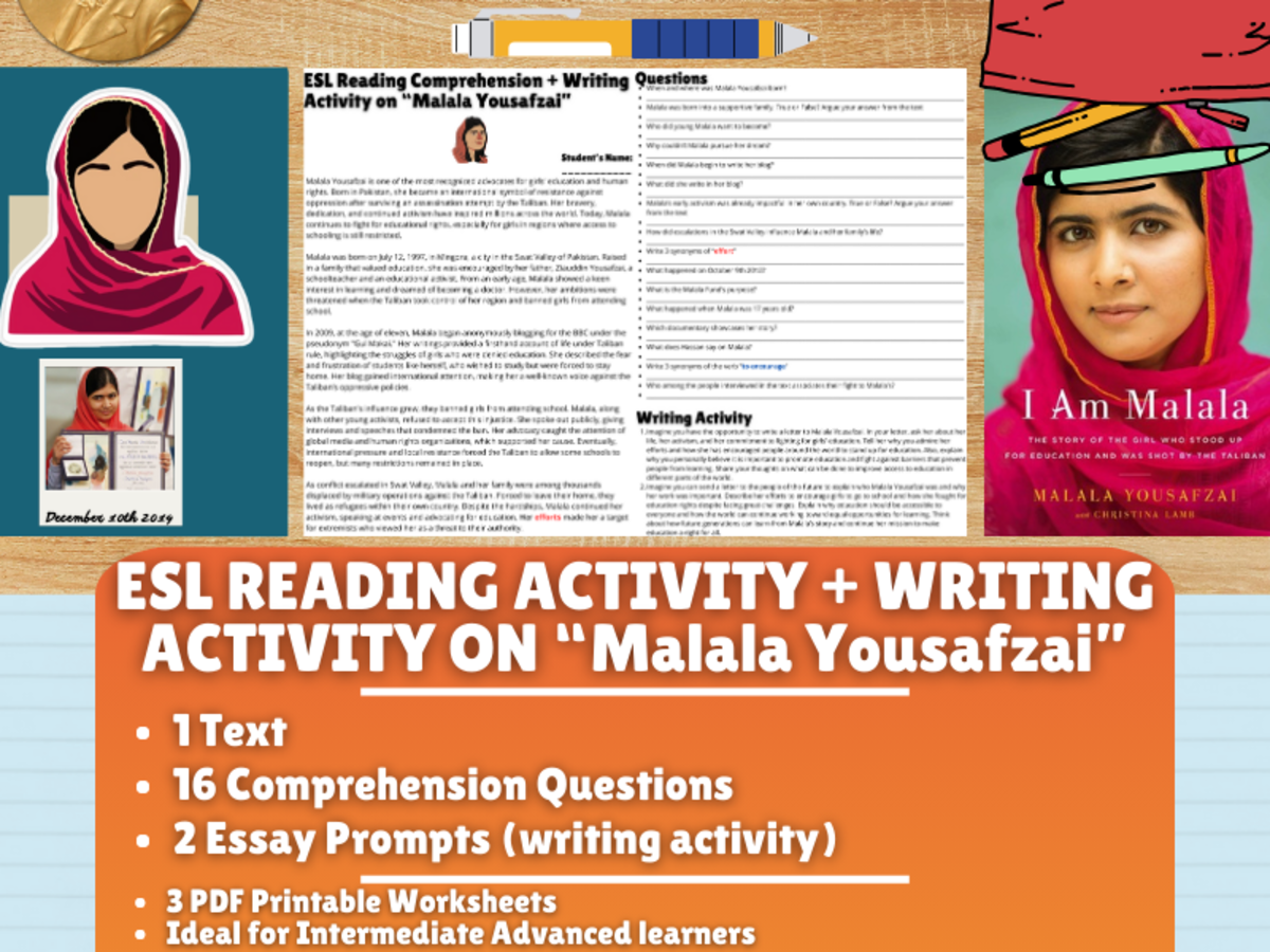 An educational teaching resource from Learning with Alan entitled ESL Reading Comprehension + Writing Activity - Malala Yousafzai downloadable at Teach Simple.