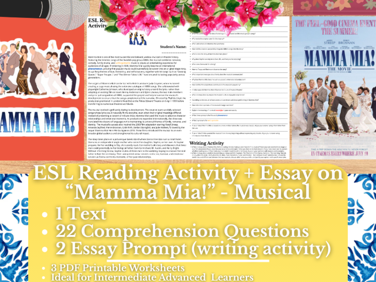 An educational teaching resource from Learning with Alan entitled ESL Reading Comprehension + Writing Activity - Mamma Mia! - Musical downloadable at Teach Simple.