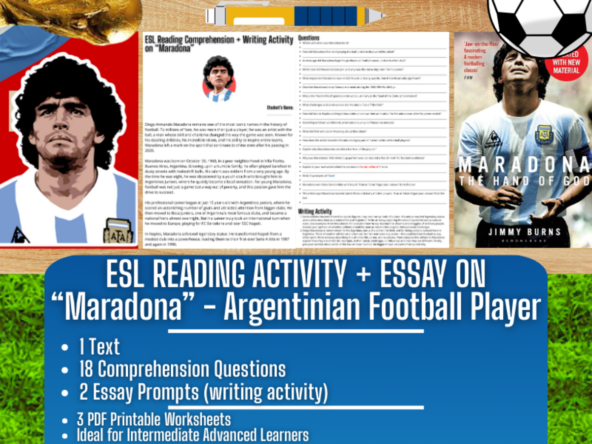 An educational teaching resource from Learning with Alan entitled ESL Reading Comprehension + Writing Activity - Maradona - Football downloadable at Teach Simple.