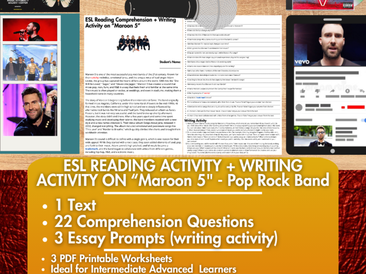 An educational teaching resource from Learning with Alan entitled ESL Reading Comprehension + Writing Activity - Maroon 5 downloadable at Teach Simple.