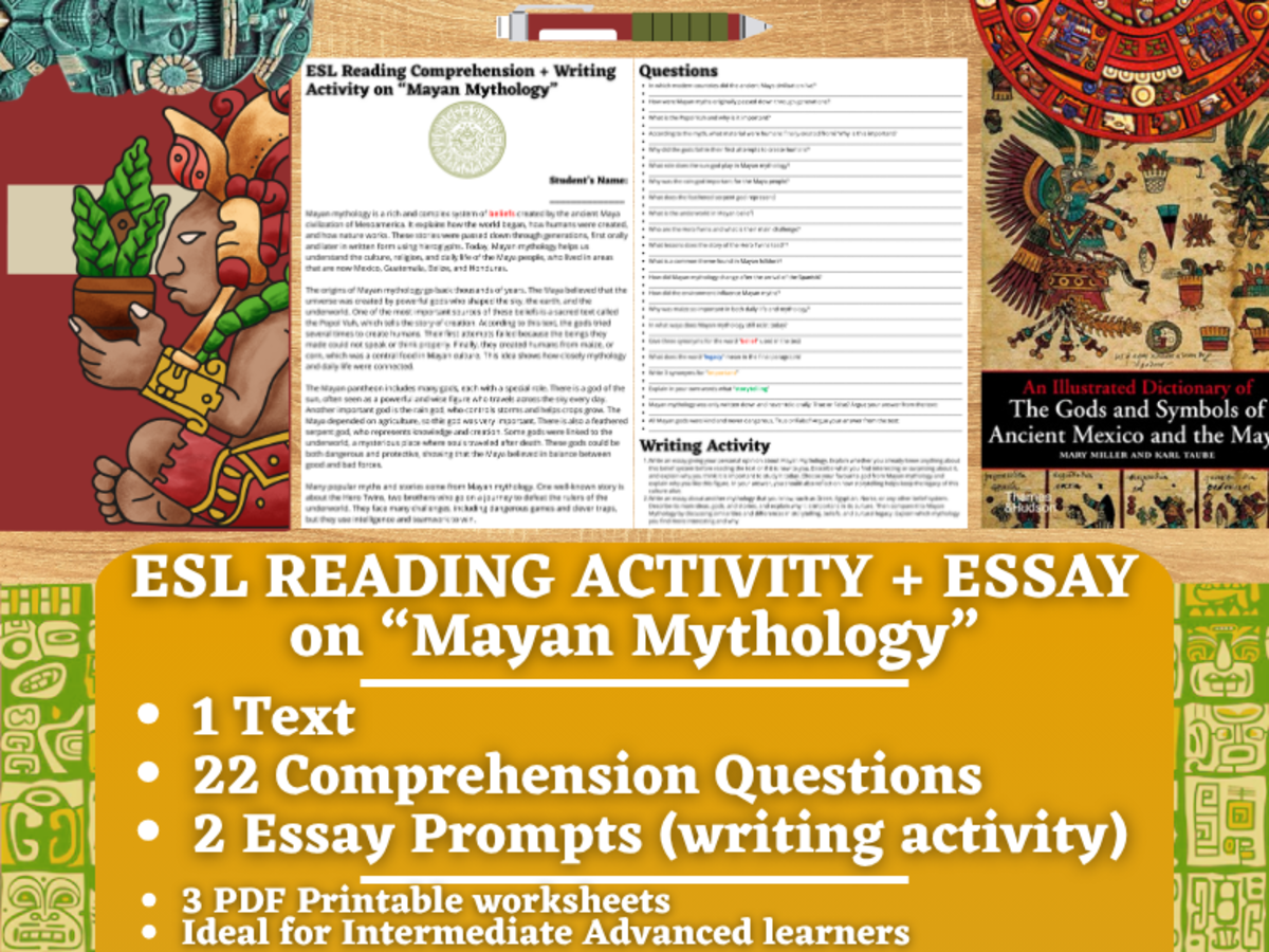 An educational teaching resource from Learning with Alan entitled ESL Reading Comprehension + Writing Activity - Mayan Mythology downloadable at Teach Simple.