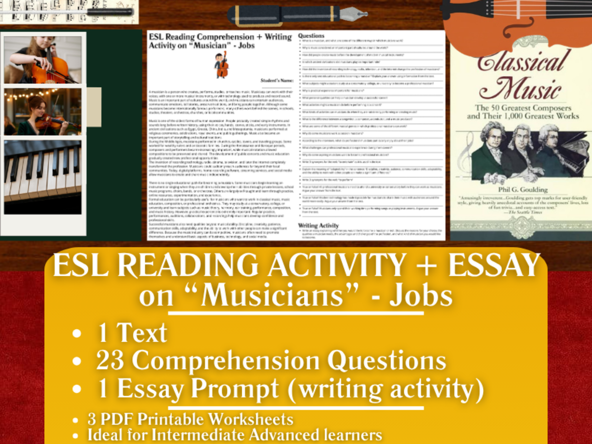 An educational teaching resource from Learning with Alan entitled ESL Reading Comprehension + Writing Activity - Musicians - Jobs downloadable at Teach Simple.