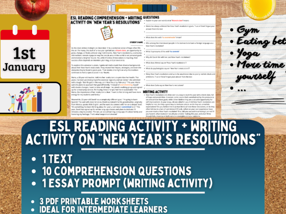 An educational teaching resource from Learning with Alan entitled ESL Reading Comprehension + Writing Activity - New Year's Resolutions downloadable at Teach Simple.
