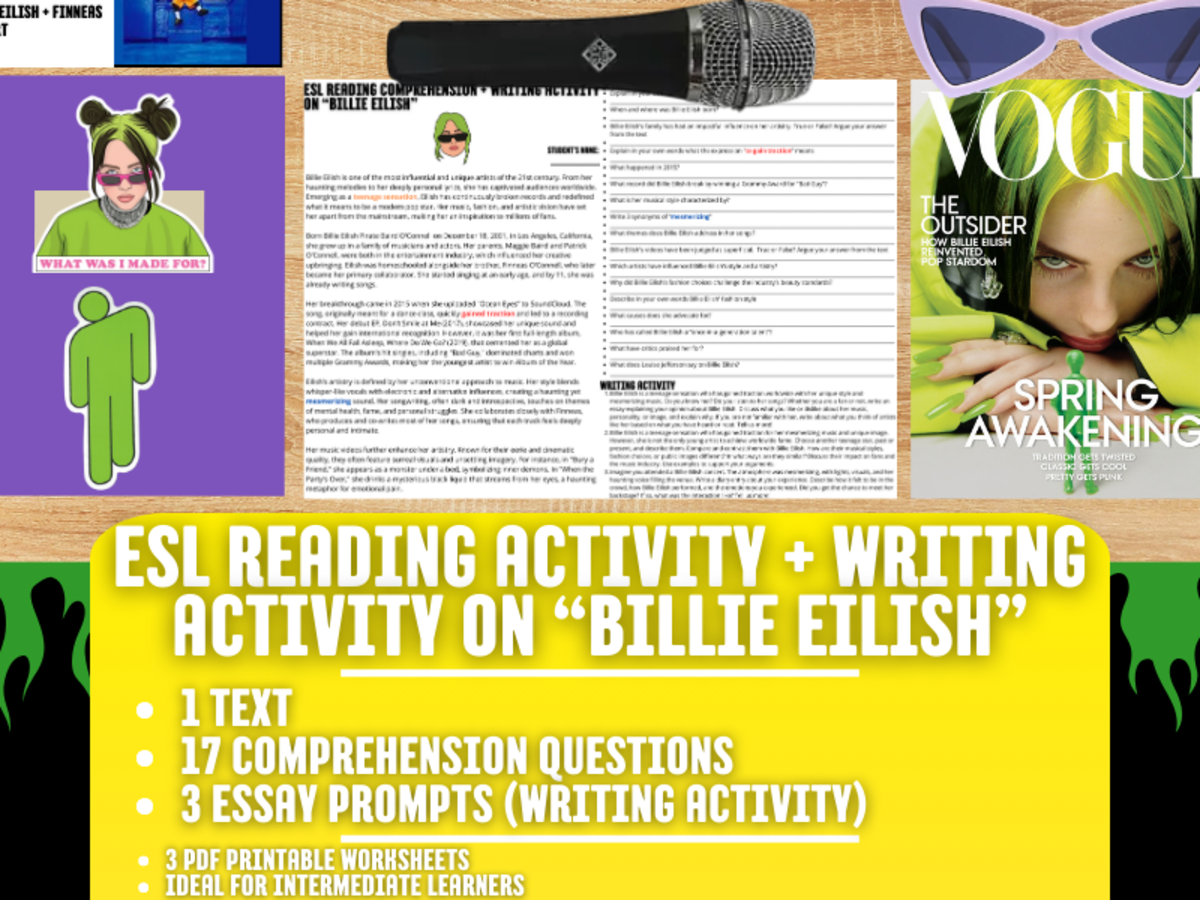 An educational teaching resource from Learning with Alan entitled ESL Reading Comprehension + Writing Activity on Billie Eilish downloadable at Teach Simple.
